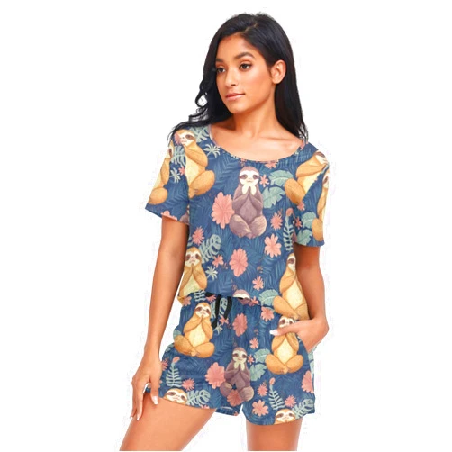 Fustylead Cute Sloth Practices Yoga and Flower Womens Pajama Two-piece Pj Sets Short Sleeve Sleepwear with Pockets S-XXL