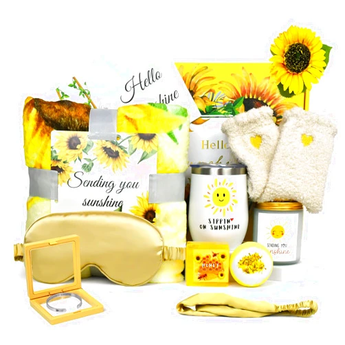 SUNBLIZZ Sending Sunshine Gift, 12pcs Sunflower Gifts for Women, Get Well Soon Gifts Basket, Care Package, Unique Birthday Box with Inspirational Blanket Candle Thinking of You Her Sister Best Friend Mom Wife