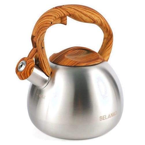 BELANKO Tea Kettle, BELANKO 102 OZ / 3 Liter Whistling Tea Kettle, Tea Pots for Stove Top Food Grade Stainless Steel with Wood Pattern Handle, Loud Whistle Kettle for Tea, Coffee, Water, Milk - Silver