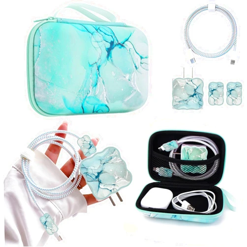 CameCosy DIY Phone Charger Cover Storage Sets USB Earphone Wire Saver Cable Organizer with Travel Storage Bag, Soft Cute Cable Protector Phone Charger Protector Compatible for iPhone(Green Marble)