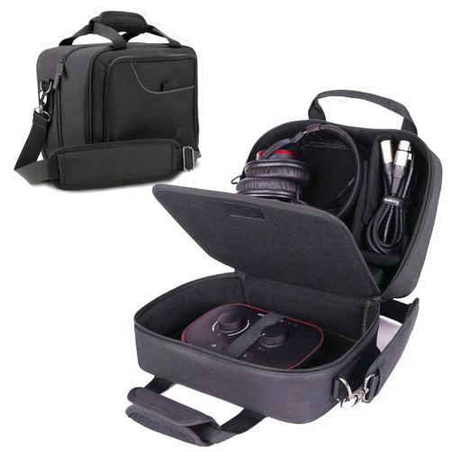 USA Gear Podcast Equipment Case - Audio Interface Case Compatible with Focusrite Vocaster One Studio and More Studio Equipment - Customizable Interior, Shoulder Strap, and Padded Interior - Black