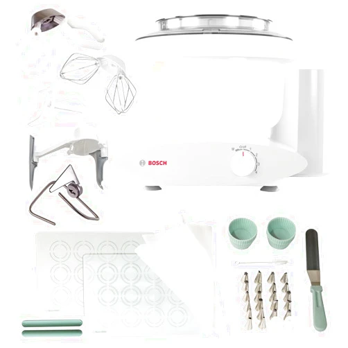 Nutrimill Bosch Universal Plus Stand Mixer with NutriMill Baker's Pack Accessory Bundle including Bowl Scraper, Cookie, and Cake Paddles, Icing Kit, and Silicone Cookie Sheet Liners
