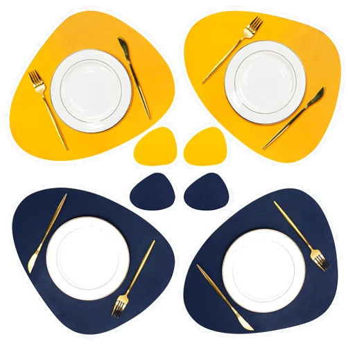 Olrla Dual-Sided PU Leather Placemat and Coaster Sets of 4, Waterproof Heat-Resistant Wipeable Dining Table Mats for Home Kitchen Restaurant Indoor Outdoor(Blue/Yellow)