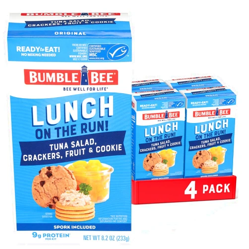 Bumble Bee Lunch On The Run Tuna Salad with Crackers Kit, 8.2 oz (Pack of 4) - Ready to Eat, Includes Crackers, Cookie & Peaches - Wild Caught Tuna - Shelf Stable & Convenient Source of Protein