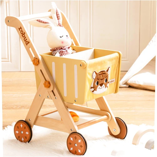 ROBUD Baby Push Walker Doll Stroller, Wooden Shopping Cart for Girls Boys, Height Adjustable Wooden Baby Walker for Kids Toddlers, Learning Walker Toys for 10 Months 1 Year Old