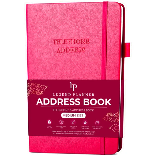 Legend Planner Address Book with Alphabetical Tabs –Telephone Contacts Book for Phone Numbers, Addresses, Passwords, Medium (Hot Pink)