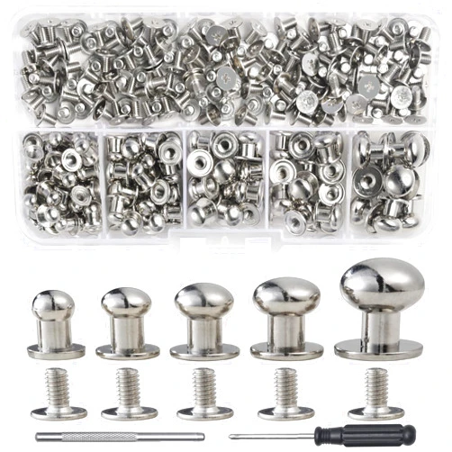 YORANYO 120 Sets Round Head Button Stud Assorted Sizes Button Screw Stud for Leather Chicago Screws Spikes and Studs Silver Leather Rivets for Repair Decorate Clothing Shoes Belts Bags Dog Collars