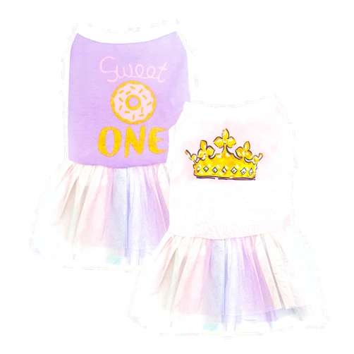 Uswalnna 2 Pieces Dog Dress, Cute Dog Clothes for Small Dogs Girl, Princess Donuts Pattern Puppy Tutu Skirt Birthday Wedding Dresses Pet Cat Outfit Shirt, Purple and Pink, Size XS
