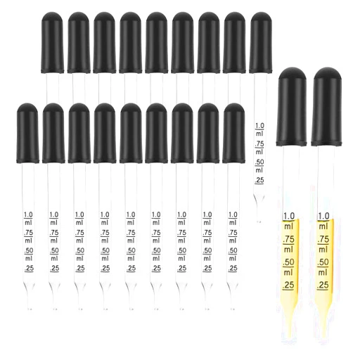 Aosdanting Eye Dropper for Essential Oils 20 PCS - Pipettes Dropper with Black Rubber Head, Straight-Tip Calibrated Thick Glass Medicine Dropping Pipettes for Accurate Easy Dose and Measurement 1 mL Capacity