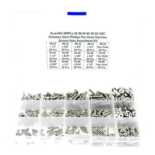 Guard4U 480Pcs #2-56#4-40#6-32 UNC Stainless Steel Phillips Pan Head Machine Screws Nuts Assortment Kit