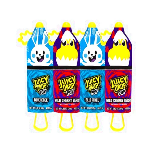 LYZA'S SWEETS & TREATS Easter Juicy Drop Pops - Festive Bunny & Chick Packaging - Blue Cherry & WIld Cherry Berry - Gift Pack of 4 Pops By Lyza's Sweets & Treats