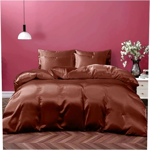 Kanak Bedding Satin 5 Piece Silk Like Duvet Cover Set,Ultra Soft and Breathable Bedding Set with 1pc Duvet Cover Zipper Closure & 4Pillow Cover.(Chocolate,Short Queen)