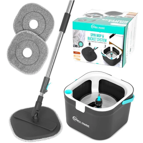 Simpli-Magic Spin Mop and Bucket System, Includes Square Spin, Dual Compartment Mop Bucket and 3 Thick Machine Washable Pads