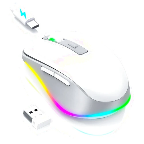PEIOUS Wireless Mouse Jiggler - LED Wireless Mice with Build-in Mouse Mover, Rechargeable Moving Mouse for Laptop with Undetectable Random Movement Keeps Computers Awake - White & Grey