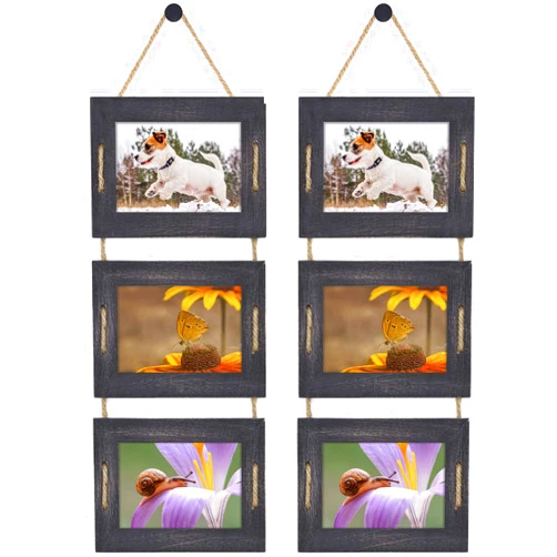 DLQuarts 5x7 Hanging Picture Frames Collage Wall Decor, 3-Opening Photo Frames Set, 3.5x5 with Mat or 5x7 Without Mat, Rustic Solid Wood Photo Frame Pack of 2, Weathered Black