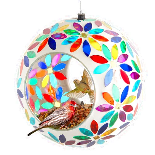 Lily's Home 5.5 Inches Glass Mosaic Hanging Bird Feeder for Outdoors Fly-Through Large Bird Feeder for Outdoor Garden Decor Backyard, Animals Lovers Gift, Multi Color Flowers