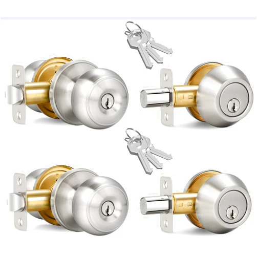 Sopoby 2 Sets Entry Door Knob and Single Cylinder Deadbolt Combo Set, Keyed Alike Round Ball Satin Nickel Exterior Door Knobs with Lock and Keys for Entrance and Front Door