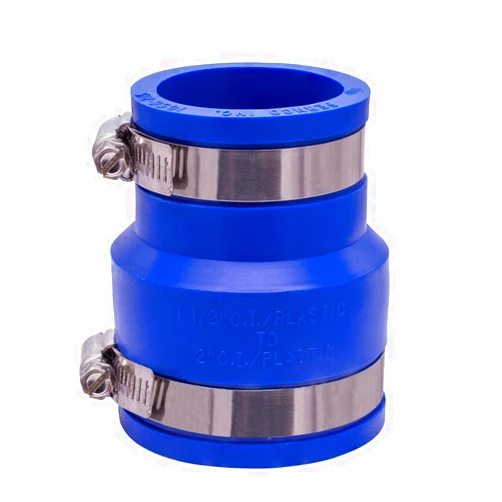 Fernco 1056-215 Reducing 2-in. x 1-1/2-in. Flexible PVC Pipe Coupling for Cast Iron and Plastic Plumbing Connections in Blue