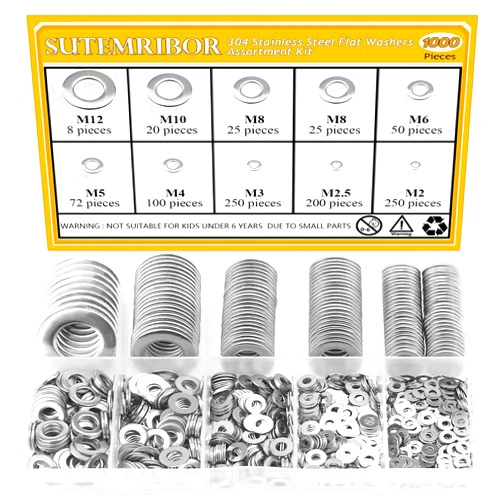 Sutemribor 1000 Pieces 9 Sizes 304 Stainless Steel Flat Washers for Screws Bolts, Stainless Steel Washers, Metal Washers, Assorted Washers (M2 M2.5 M3 M4 M5 M6 M8 M10 M12)