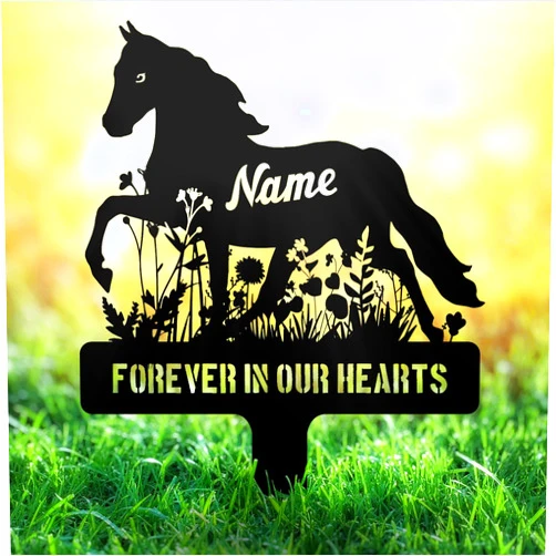 NIWAHO Personalized Horse Grave Marker Custom Memorial Stake, Metal Graveside Sign Tombstone, Memorial Gift, Remembrance Plaque, Horse in Flower Sympathy Sign, Outdoor Garden Decor