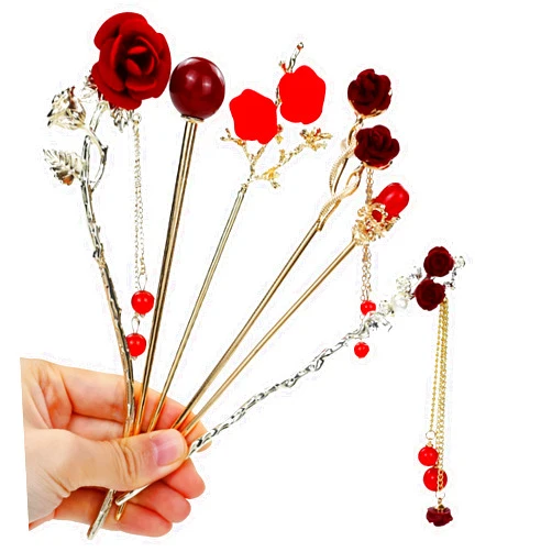 Dizila 6 Pieces Metal Retro Asian Chinese Traditional Hanfu Red Rose Flower Hair Sticks with Beads Pendants Updo Bun Hairpins for Women Girls