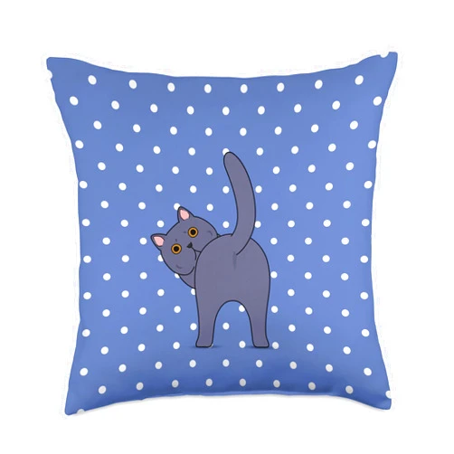 British Shorthair Kitten Back Dots Minta Funny Guess What Cat Butt Lover Navy Blue Polka Dot Pattern Throw Pillow
