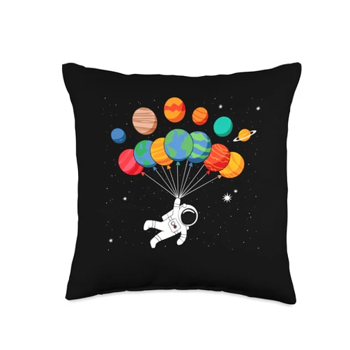 Floating Astronaut Space Balloon Art for Kids Astronaut Holding Planet Balloons Space Adventure for Kids Throw Pillow