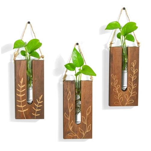 Hewory Wood Wall Propagation Planter: Rustic Hanging Propagation Station Farmhouse Wall Decor for Plant Lovers - Boho Hanging Planters for Indoor Plants 3 Pcs