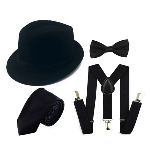 GCFIYPP 1920s Men Accessory Set Manhattan Hat, Y-Back Suspenders, Pre Tied Bow Tie,Gangster Tie for Theme Party, Halloween