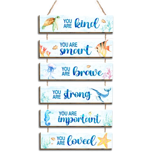 Kadiak 6 Pcs Ocean Decor Kids Room Placards of Wood Decor, Watercolor Ocean Inspirational Positive Quotes Works of art of Wood Wall Art Hanging Sign for Teens Children Bedroom Princess Toddler Room
