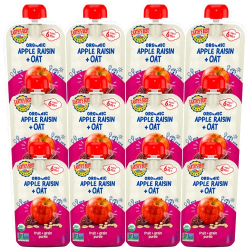 Earth's Best Organic Baby Food Pouches, Stage 2 Wholesome Breakfast Puree for Babies 6 Months and Older, Organic Apple Raisin Oat Puree, 3.5 oz Resealable Pouch (Pack of 12) (Packaging May Vary)