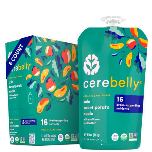 Cerebelly Baby Food Pouches – Organic Kale Sweet Potato Apple (4 oz, Pack of 6) - Toddler Snacks - 16 Brain-supporting Nutrients, Healthy Snacks, Made with Gluten-Free Ingredients, No Added Sugar