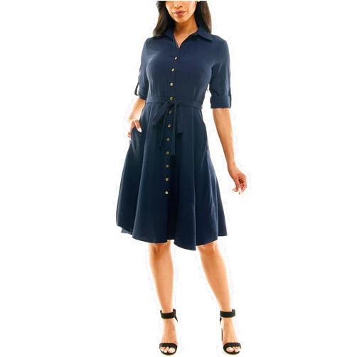 Sharagano Womens Button Front Pleated Shirt Casual Dress