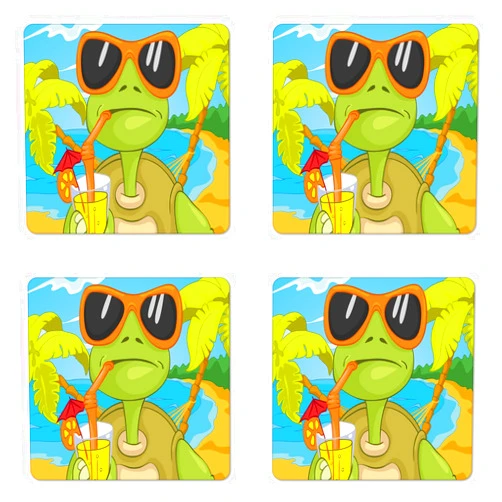 Ambesonne Turtle Coaster Set of 4, Cool Sea Turtle with Sunglasses Drinking Cocktail at The Beach Cartoon, Square Hardboard Gloss Coasters for Drinks, Green Orange Pale Blue