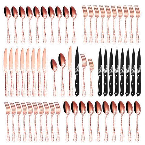 Stapava 48-Piece Rose Gold Silverware Set with Steak Knives, Stainless Steel Cutlery Flatware Set for 8, Utensil Sets Include Forks Spoons and Knives for Home, Mirror Polished, Dishwasher Safe