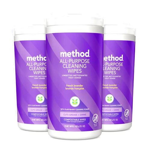 Method All-Purpose Cleaning Wipes, French Lavender, Multi-Surface, Compostable, 70 Count, (Pack of 3)