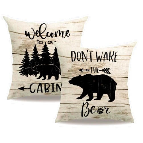 7COLORROOM 2Pack Bear Throw Pillow Cover Double-Sided Printed Don’t Wake The Bear Black Bear Wood Grain Background Cushion Covers Welcome to Our Cabin/Camper Decorative Pillowcases 18