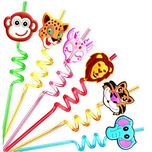 Lidmada 24 Reusable Jungle Animal Straws for Lion Fox Safari Party Supplies Favors,Woodland Birthday Party Supplies Gift with 2 Cleaning Brushes