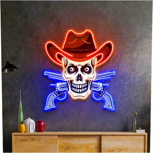 Warmthwish Skull Neon Sign for Wall Decor Skull in Cowboy Hat UV Print Neon Pop Art Wall Decor Home Bar Beer Club Decor Birthday Gift for Him (20 inch, Multicolor)