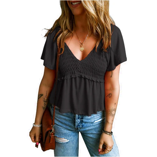 APOFER Women Short Flutter Sleeve V Neck Pleated T Shirts Casual Solid Slim Fit Blouse Tops