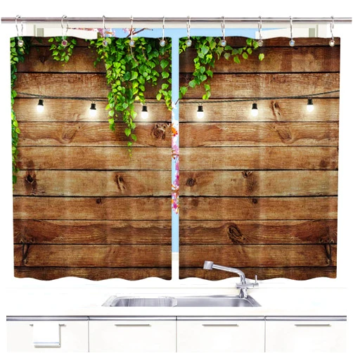 DYNH Vintage Wooden Board Kitchen Curtain, Green Leaves on Wood Window Curtain Panels, Waterproof Kitchen Curtains Drapes 10PCS Hooks 55X39 in Valance
