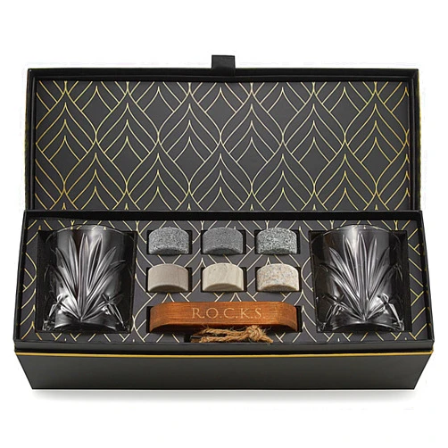 ROCKS WHISKEY CHILLING STONES Whiskey Chilling Stones Gift Set - 6 Handcrafted Premium Granite Round Sipping Rocks - 2 Heavy Bourbon Glasses - Hardwood Presentation & Storage Tray - Elegant Gold Foil Gift Box by R.O.C.K.S.