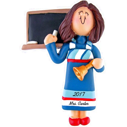 Calliope Designs Teacher Personalized Christmas Ornament - Female - Brown Hair - Blue Dress- 4
