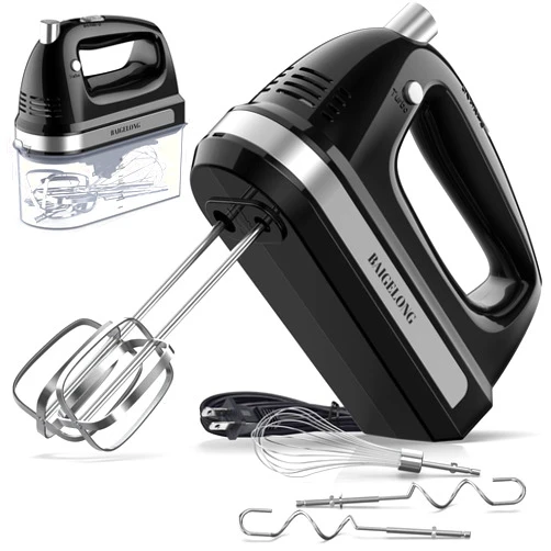 BAIGELONG Hand Electric Mixer, 300W Ultra Power Food Kitchen Mixer with 5 Self-Control Speeds + Turbo Boost, 5 Stainless Steel Attachments Handheld Mixer for Baking, Black