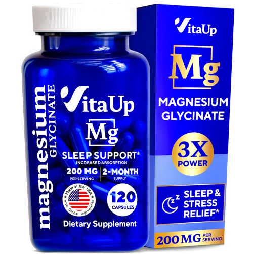 VitaUp Magnesium Glycinate 200mg - USA Made Magnesium Bisglycinate Capsules - High Absorption Magnesium Supplement for Sleep, Heart, Muscle, Metabolism Support - 120 Vegan Chelated Magnesium Capsules