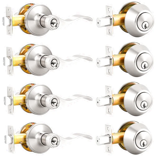 Probrico 4 Pack Keyed Alike Entry Handlset with Single Cylinder Deadbolts Combo Pack, Satin Nickel Door Lever for Front and Entrance Door, Interior and Exterior Entry Door Knobs Brushed Nickel