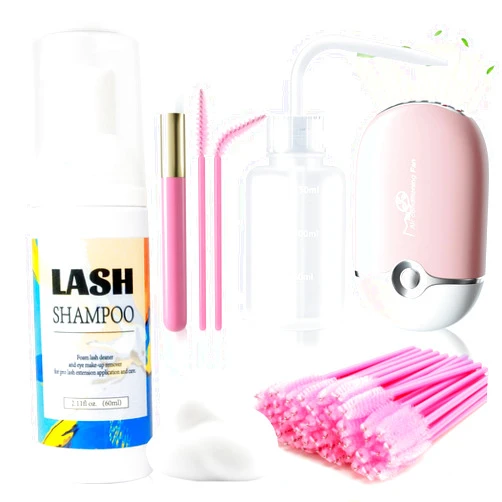 Buqikma Lash Shampoo for Lash Extensions,2.11Floz Eyelid Cleansing Foams,USB Mini Lash Fan,Bottle Mascara Brush Cleaning Brush Lash Cleaning Kit for Professional & Home Use(Pink)