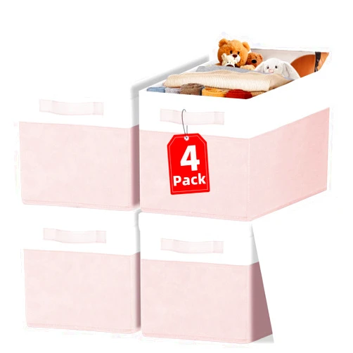 Criusia Large Closet Organizer Bins with Lids 4 Pack - 23 QT Collapsible Decorative Storage Boxes with Lids - Clothes Storage Bins with Handles - Fabric Containers for Living Room, Dorm, Nursery - Pink