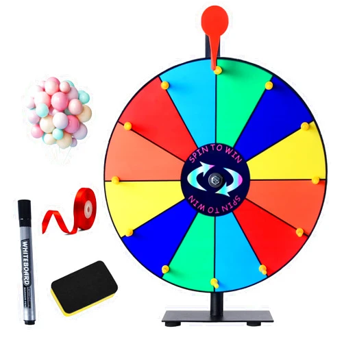 BkjHg 12 Inch Color Prize Wheel with 14 Slots, Heavy Duty Tabletop Spinning Wheel with Stand, Dry Erase Marker and Eraser for Carnival, Party, Trade Show, Win Fortune Spin Games, and Home Gathering