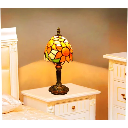 BMXKPO Tiffany Style Table Lamp,Sunflower Stained Glass Lamp,6 Inch Small Antique Bedside Lamp, for Bedroom Living Room Home,Included Dimmable LED Bulb 8W
